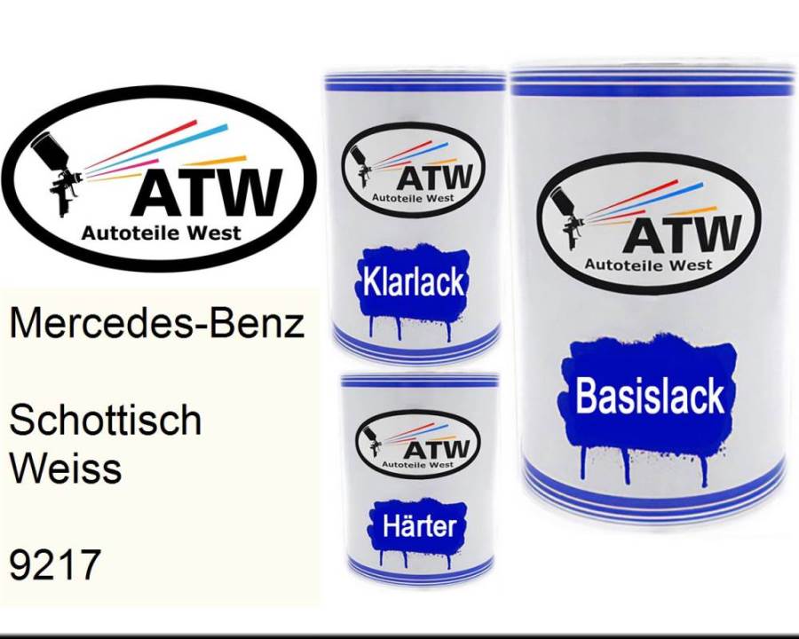 Mercedes-Benz, Schottisch Weiss, 9217: 500ml Lackdose + 500ml Klarlack + 250ml Härter - Set, von ATW Autoteile West.